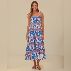 FARM Rio Foliage Blue and Pink Midi Dress‎